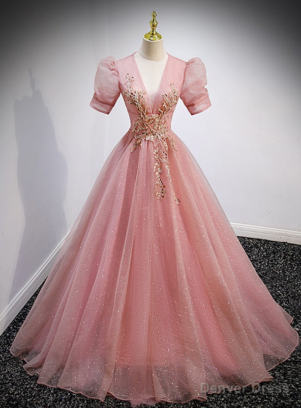 Pink Tulle Sequins Deep V Neck Puff Sleeve Beading Prom Dresses