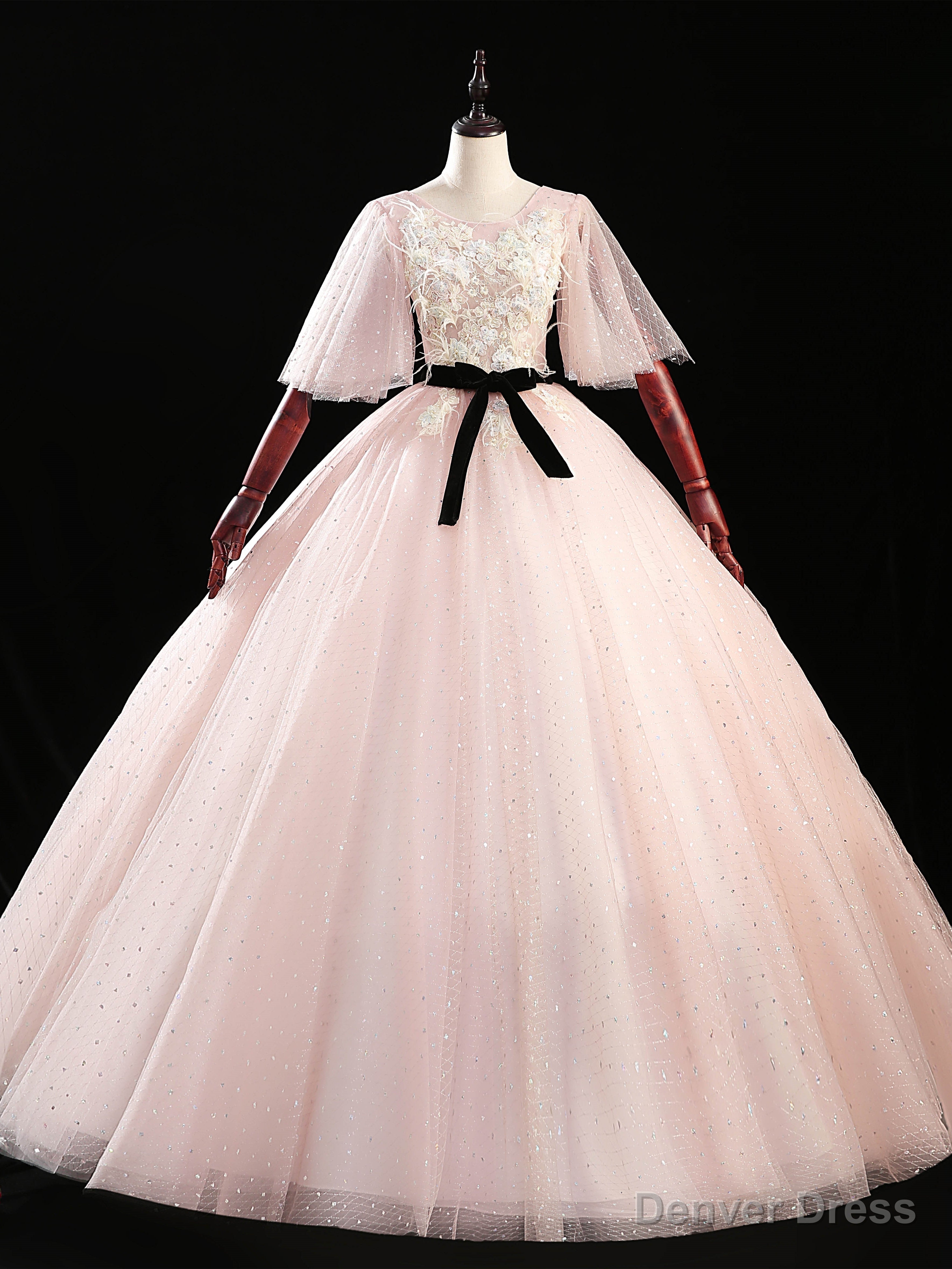 Pink Tulle Sequins Flying Sleeve Appliques Feather Quinceanera Dresses