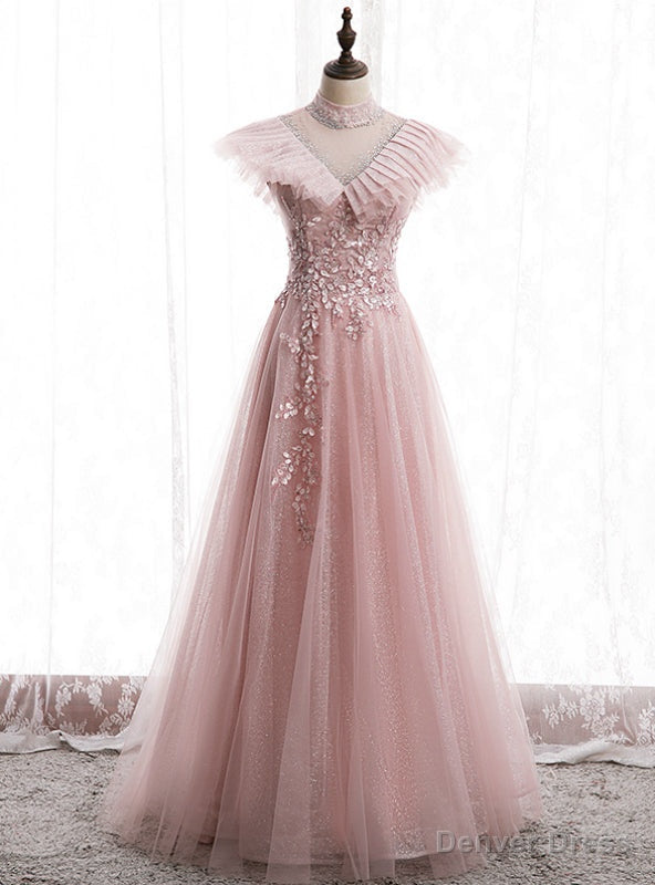 Pink Tulle Sequins High Neck Backless Appliques Prom Dresses