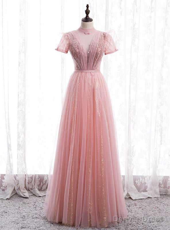 Pink Tulle Sequins High Neck Short Sleeve Beading Pleats Prom Dresses