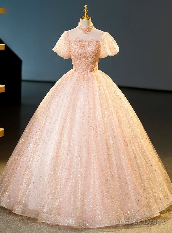 Pink Tulle Sequins High Neck Short Sleeve Quinceanera Dresses