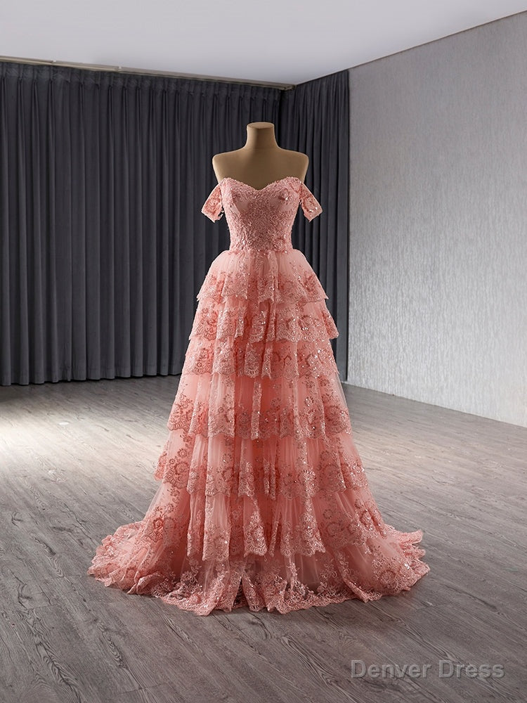 Pink Tulle Sequins Lace Appliques Tiers Prom Dress Main image