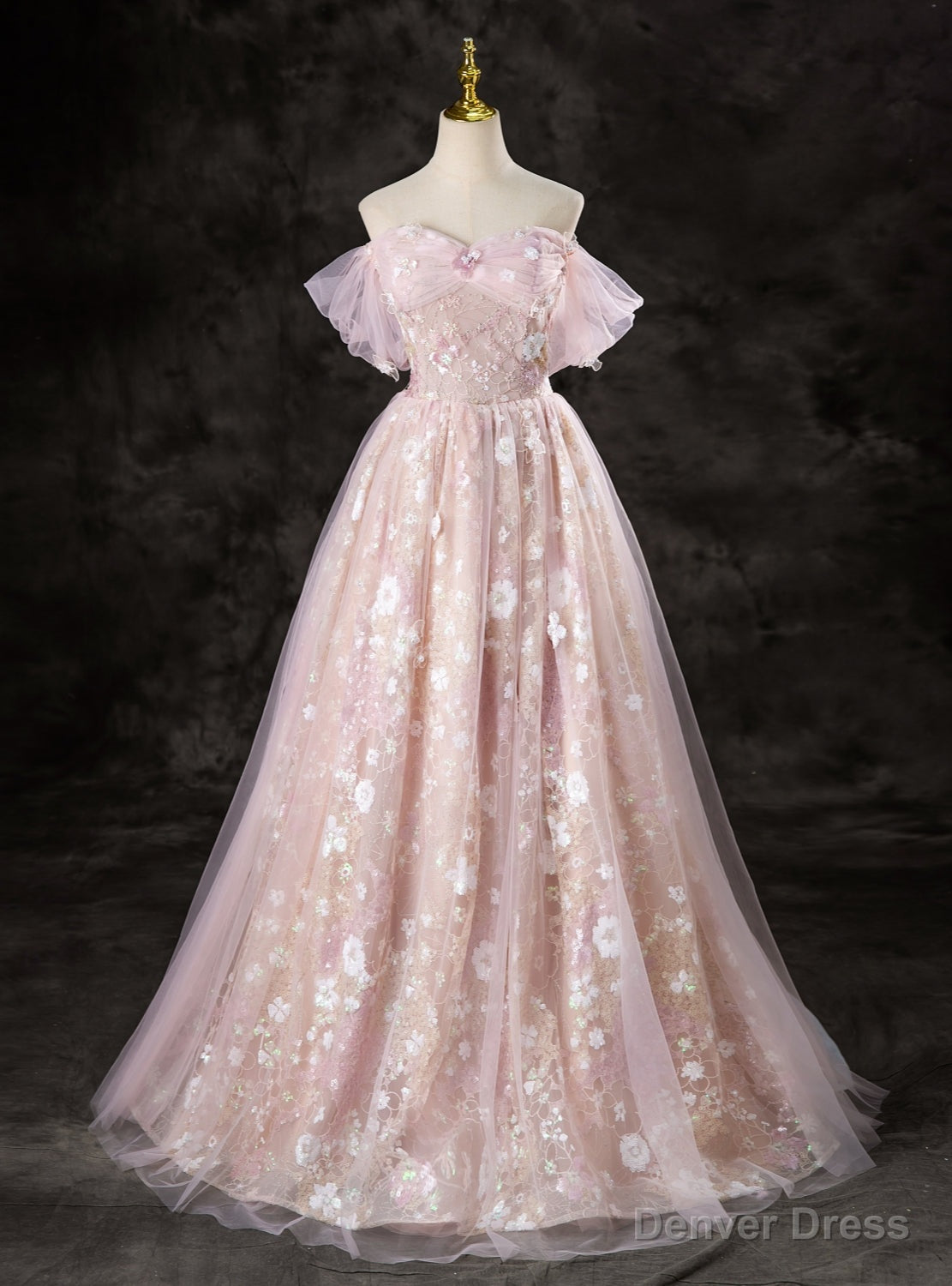 Pink Tulle Sequins Lace Off the Shoulder Prom Dresses