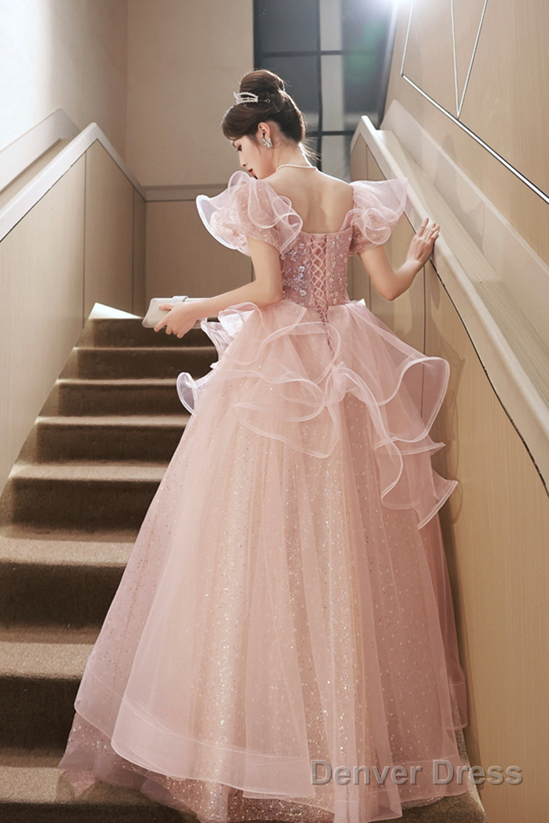 Pink Tulle Sequins Long Formal Dresses, Beautiful Short Sleeve Evening Dresses Secondary image