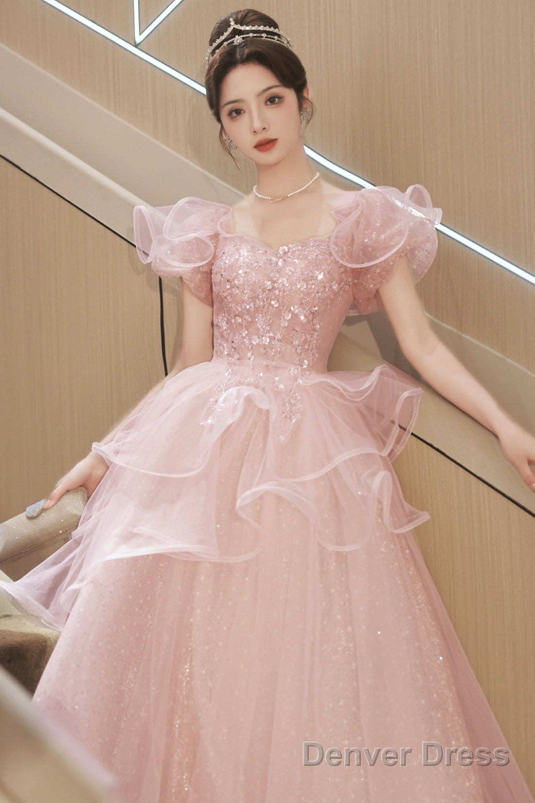 Pink Tulle Sequins Long Formal Dresses, Beautiful Short Sleeve Evening Dresses Main image