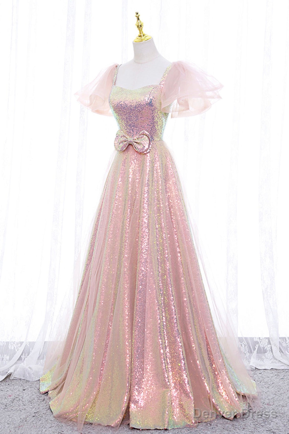 Pink Tulle Sequins Long Prom Dress, Cute Short Sleeve Evening Dress Main image