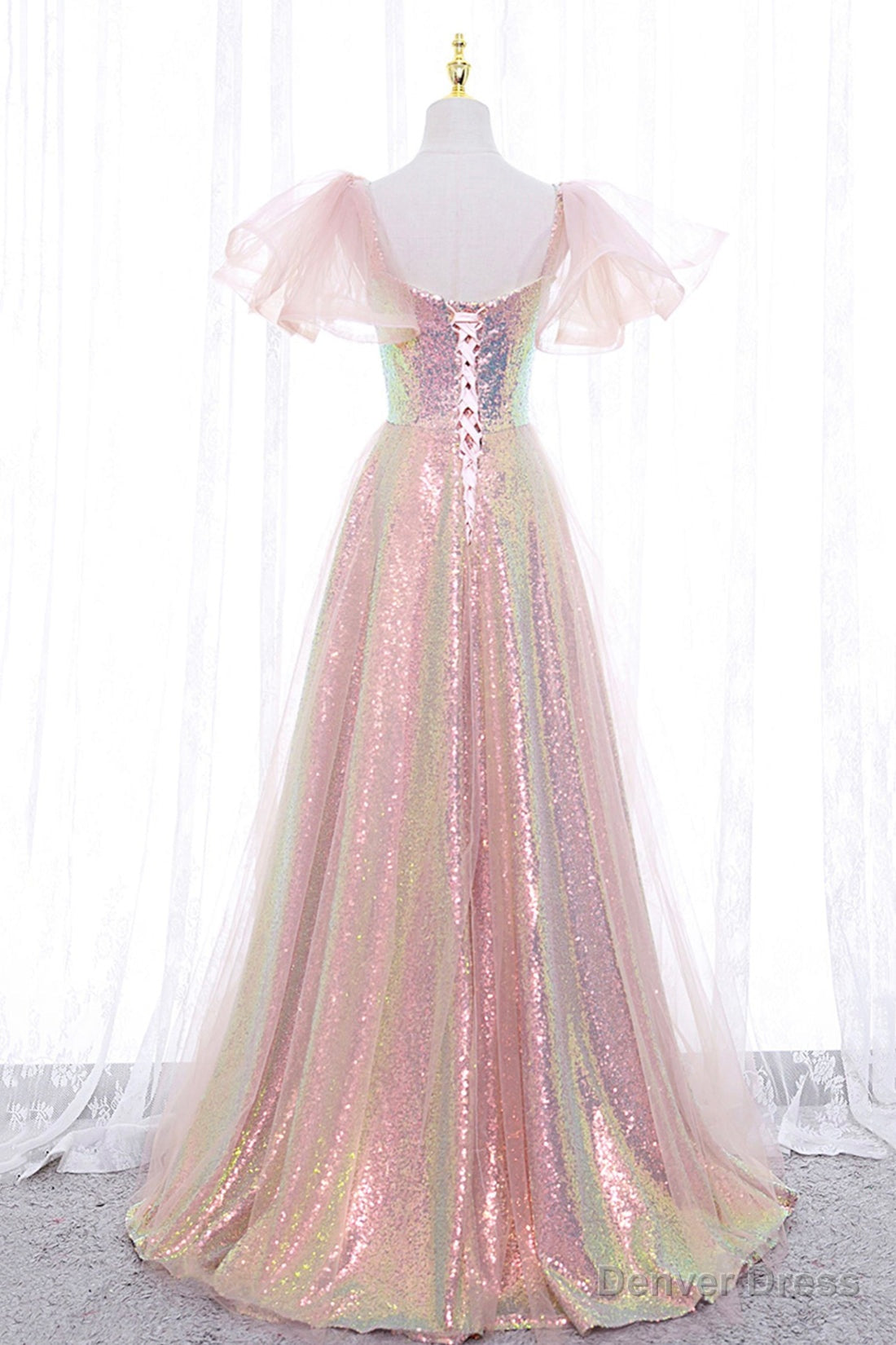 Pink Tulle Sequins Long Prom Dress, Cute Short Sleeve Prom Dresses