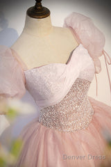 Pink Tulle Sequins Long Prom Dress, Lovely A-Line Short Sleeve Evening Party Dress