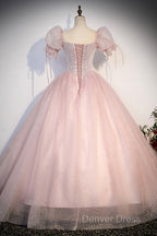 Pink Tulle Sequins Long Prom Dresses, Lovely A-Line Short Sleeve Evening Party Dresses