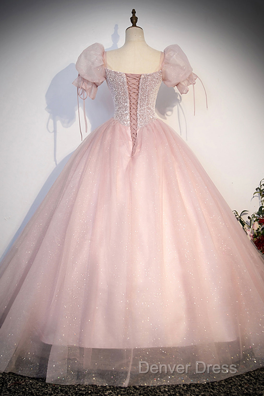 Pink Tulle Sequins Long Prom Dresses, Lovely A-Line Short Sleeve Evening Party Dresses
