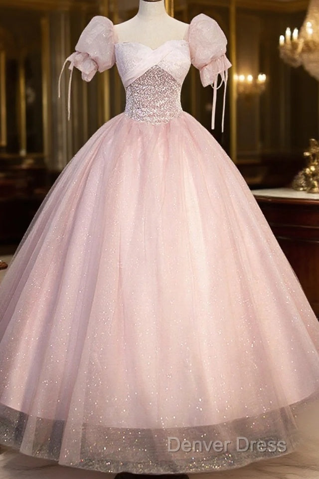Pink Tulle Sequins Long Prom Dresses, Lovely A-Line Short Sleeve Evening Party Dresses Main image