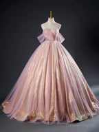 Pink Tulle Sequins Long Prom Dresses, Pink Tulle Long Prom Gown