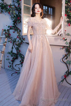 Pink Tulle Sequins Long Prom Dresses, Lovely A-Line Evening Graduation Dresses