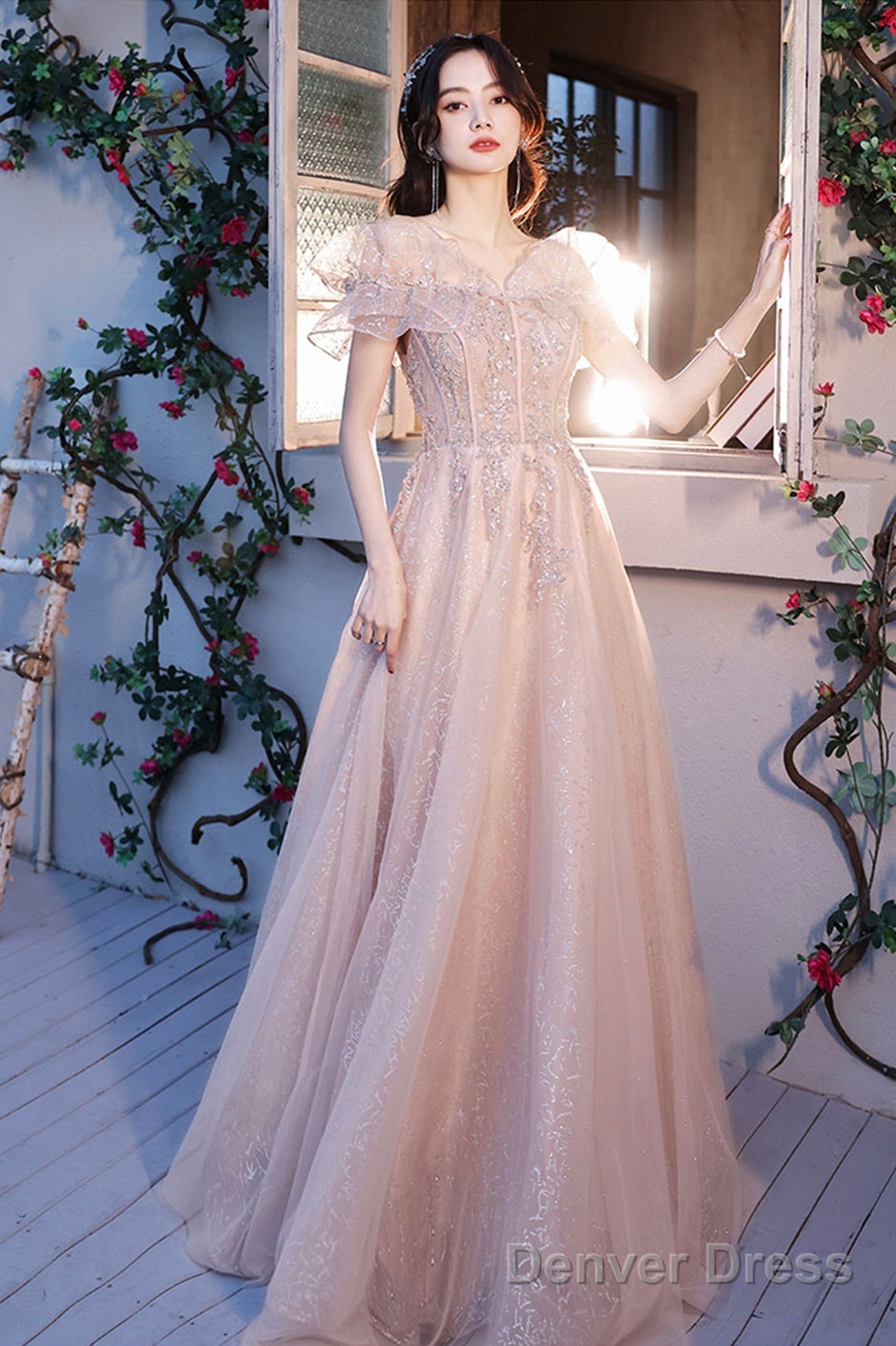 Pink Tulle Sequins Long Prom Dresses, Lovely A-Line Evening Graduation Dresses