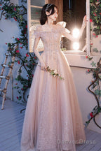 Pink Tulle Sequins Long Prom Dresses, Lovely A-Line Evening Graduation Dresses