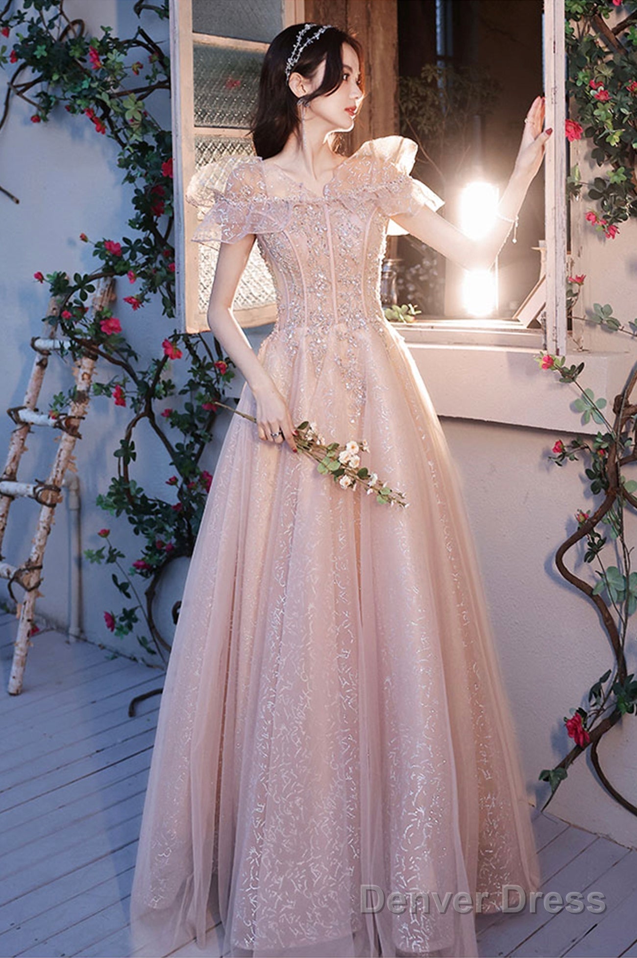 Pink Tulle Sequins Long Prom Dresses, Lovely A-Line Evening Graduation Dresses
