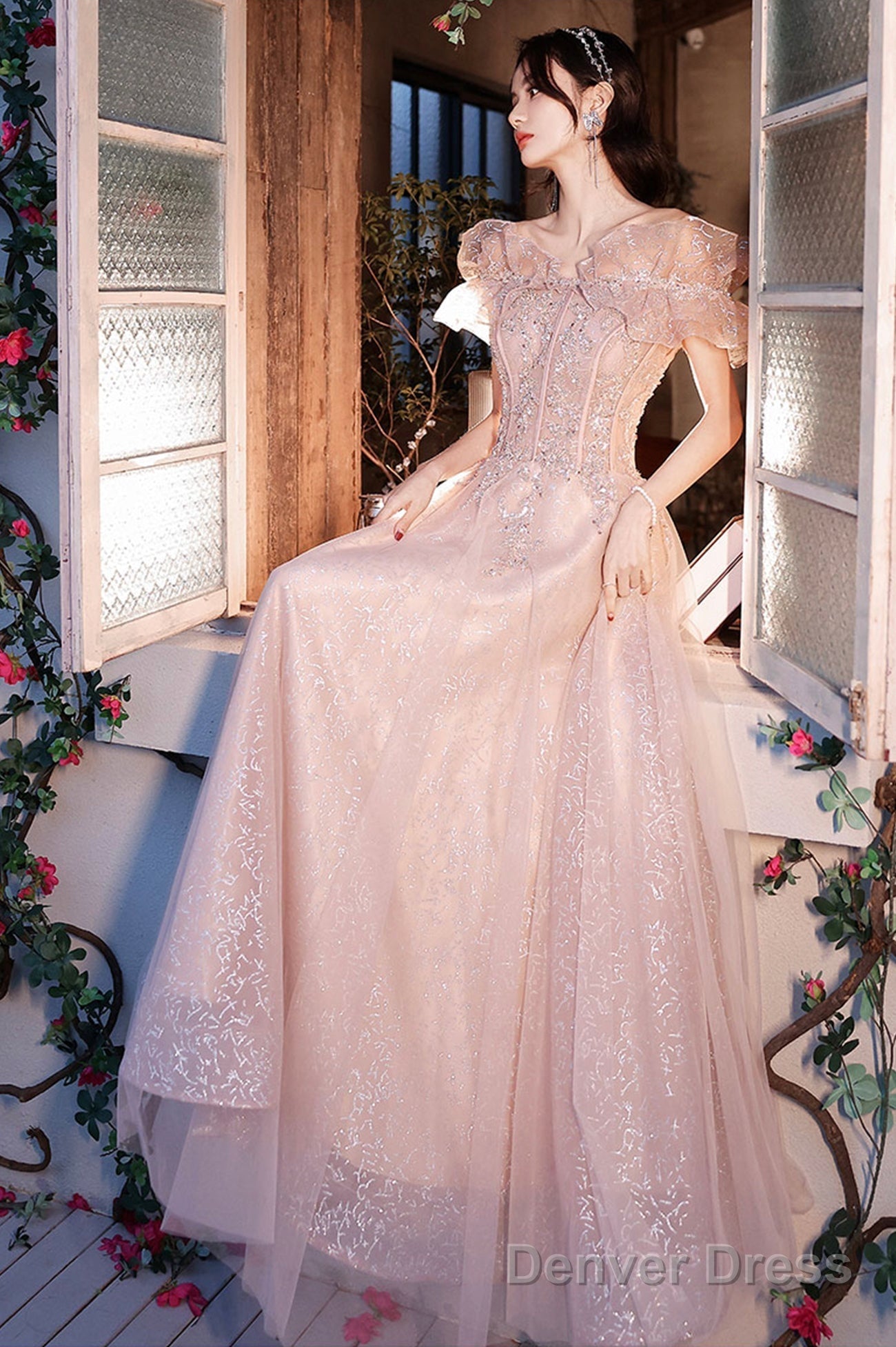 Pink Tulle Sequins Long Prom Dresses, Lovely A-Line Evening Graduation Dresses