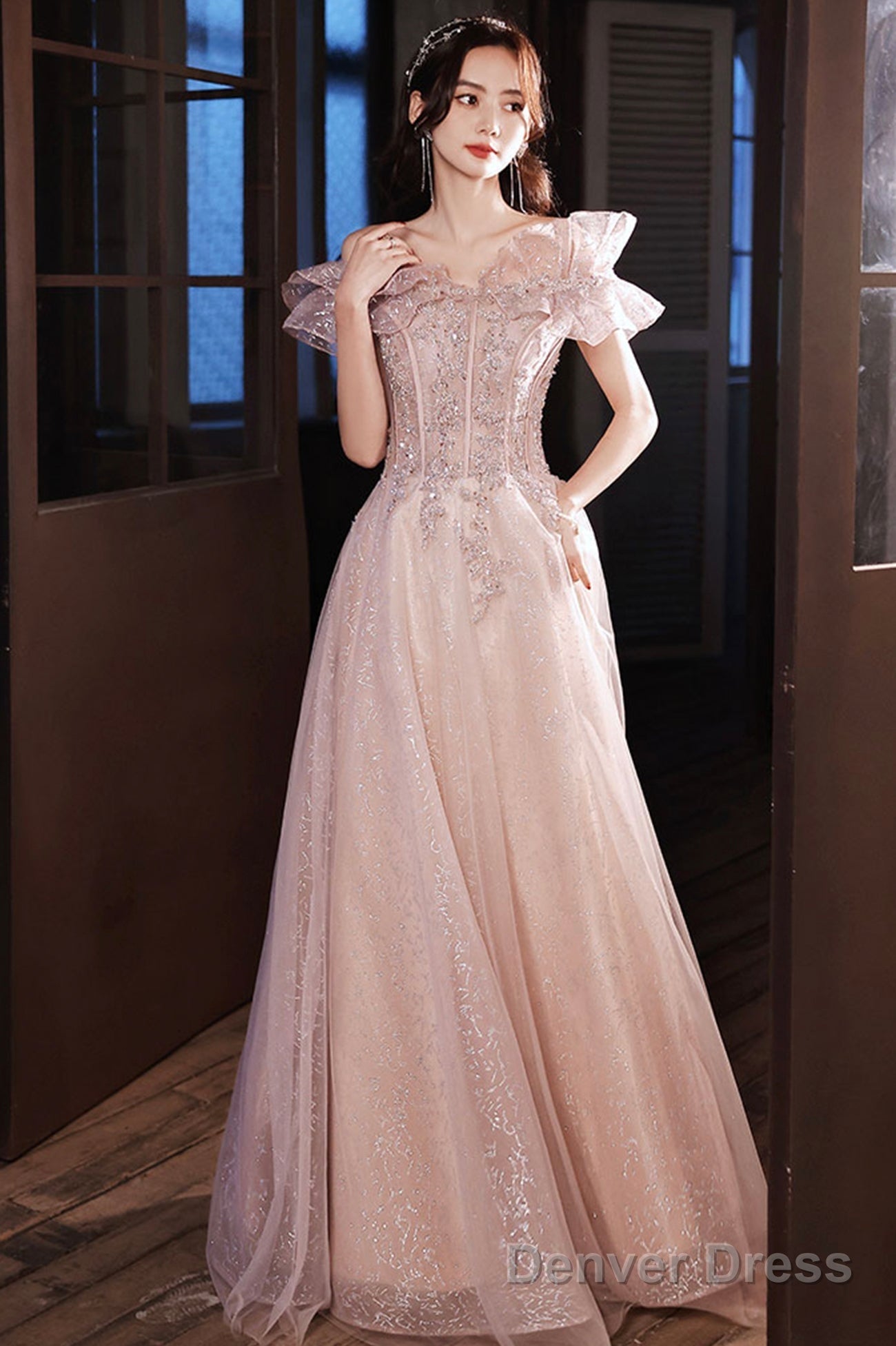 Pink Tulle Sequins Long Prom Dresses, Lovely A-Line Evening Graduation Dresses Main image