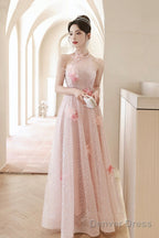 Pink Tulle Sequins Long Prom Dresses, Pink Off Shoulder Evening Dresses