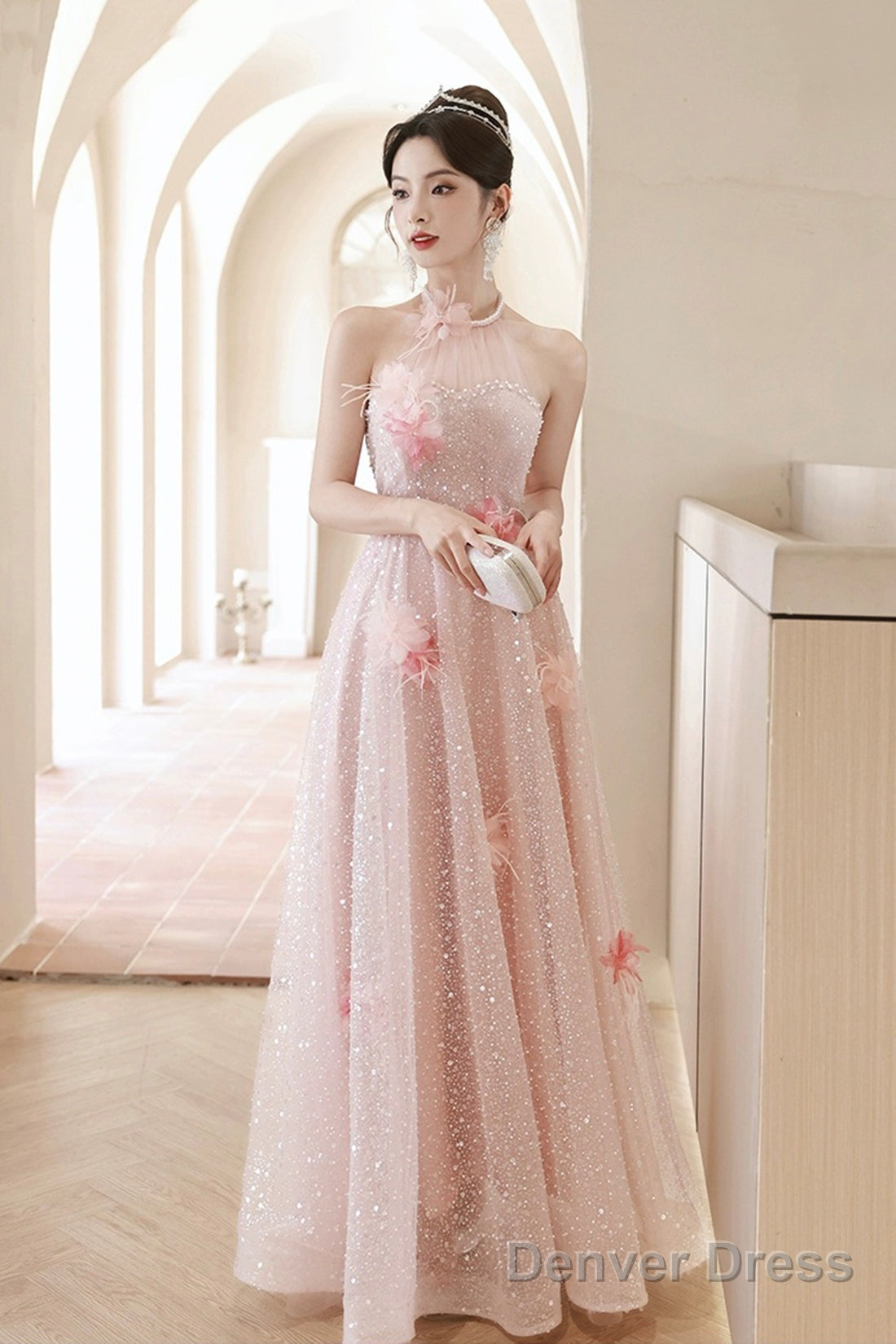 Pink Tulle Sequins Long Prom Dresses, Pink Off Shoulder Evening Dresses