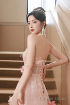 Pink Tulle Sequins Long Prom Dresses, Pink Off Shoulder Evening Dresses