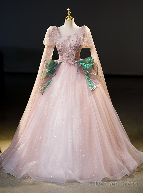 Pink Tulle Sequins Long Sleeve Appliques Quinceanera Dresses