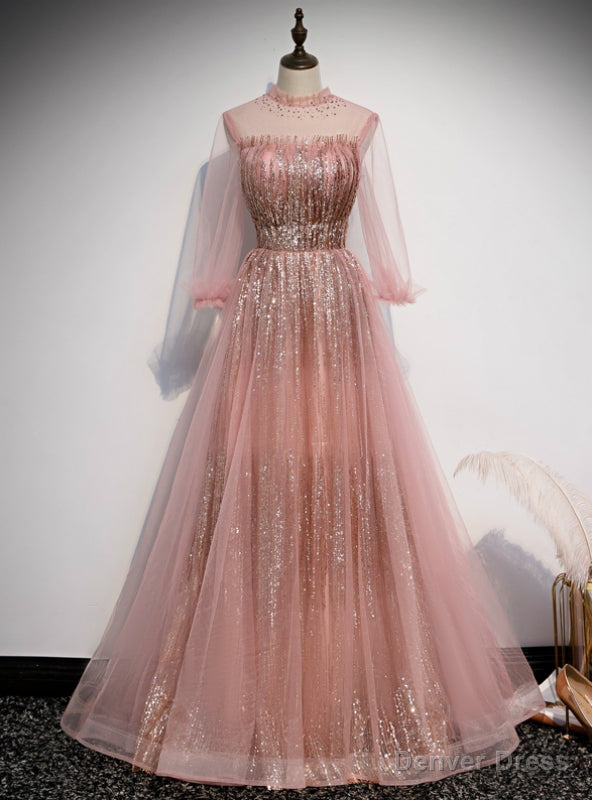 Pink Tulle Sequins Long Sleeve Backless Prom Dresses