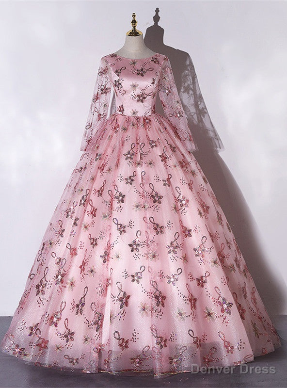 Pink Tulle Sequins Long Sleeve Quinceanera Dresses