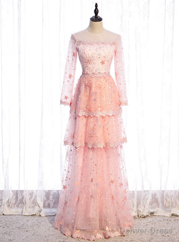Pink Tulle Sequins Long Sleeve Tiers Prom Dresses