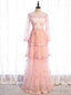 Pink Tulle Sequins Long Sleeve Tiers Prom Dress