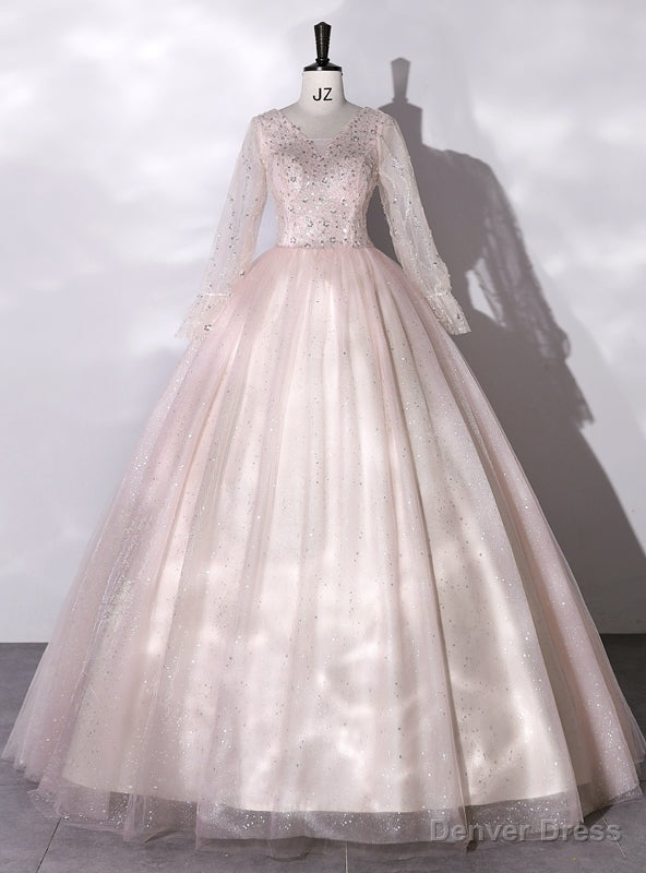 Pink Tulle Sequins Long Sleeve V Neck Quinceanera Dresses
