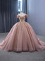 Pink Tulle Sequins Off the Shoulder Appliques Prom Dresses