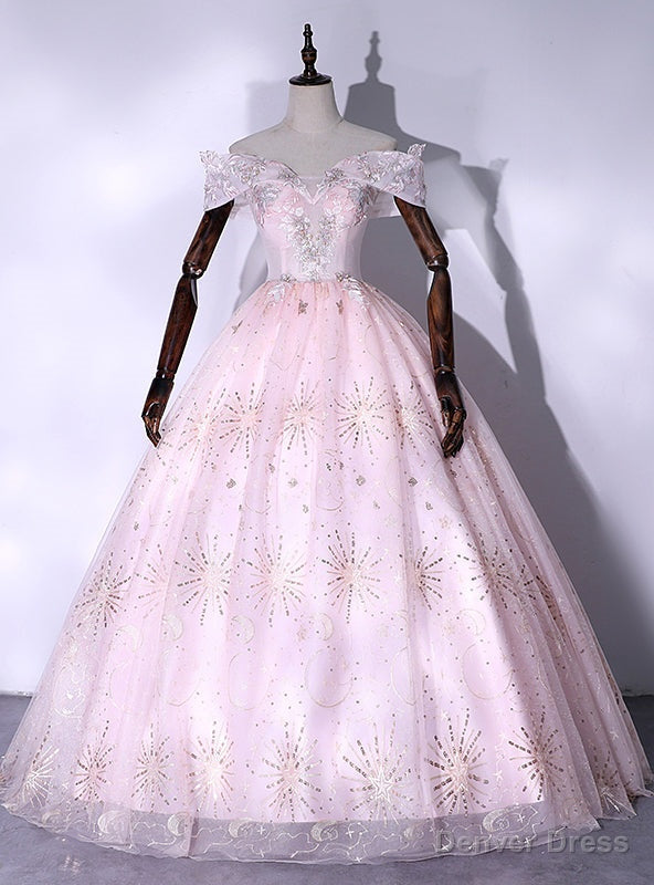 Pink Tulle Sequins Off the Shoulder Appliques Quinceanera Dresses
