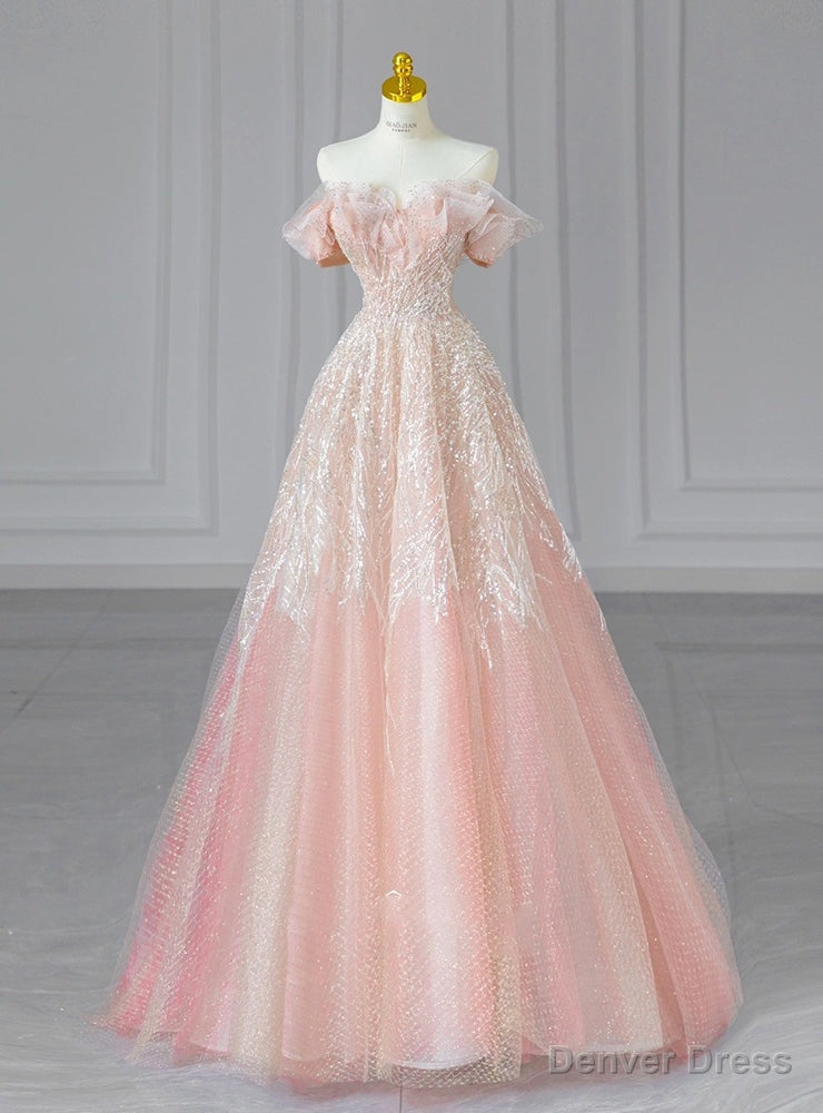 Pink Tulle Sequins Off the Shoulder Bead Prom Dresses