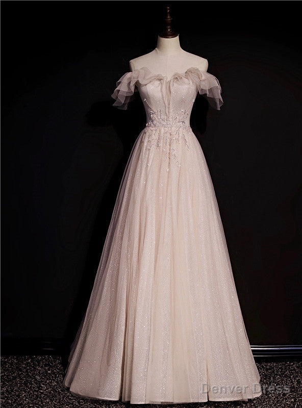Pink Tulle Sequins Off the Shoulder Beading Prom Dresses
