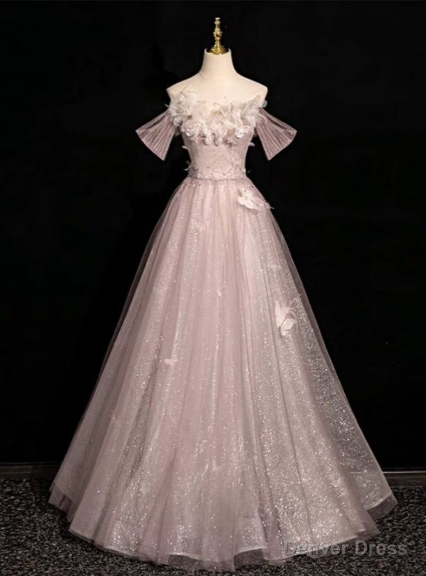 Pink Tulle Sequins Off the Shoulder Flower Feather Prom Dress Main image