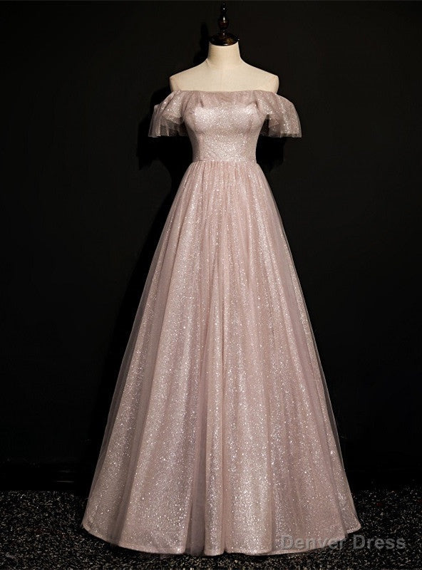 Pink Tulle Sequins Off the Shoulder Long Prom Dresses