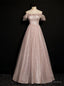 Pink Tulle Sequins Off the Shoulder Long Prom Dresses