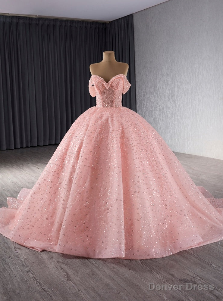 Pink Tulle Sequins Off the Shoulder Princess Prom Dress Main image