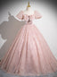 Pink Tulle Sequins Puff Sleeve Bow Quinceanera Dresses