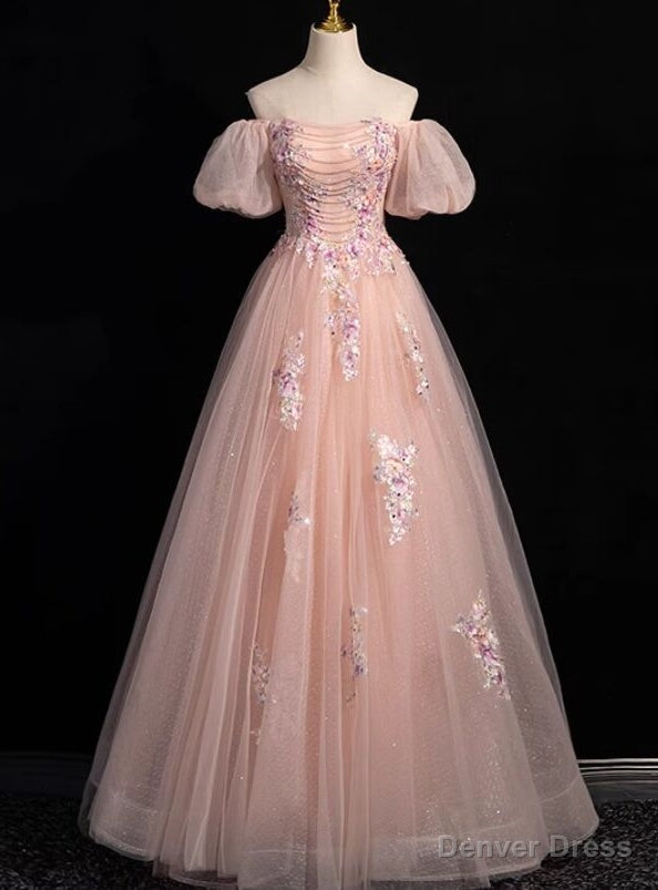 Pink Tulle Sequins Puff Sleeve Flower Prom Dress Main image