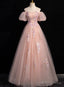 Pink Tulle Sequins Puff Sleeve Flower Prom Dress