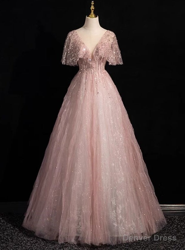 Pink Tulle Sequins See Through V Neck Prom Dresses