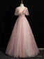 Pink Tulle Sequins See Through V Neck Prom Dresses