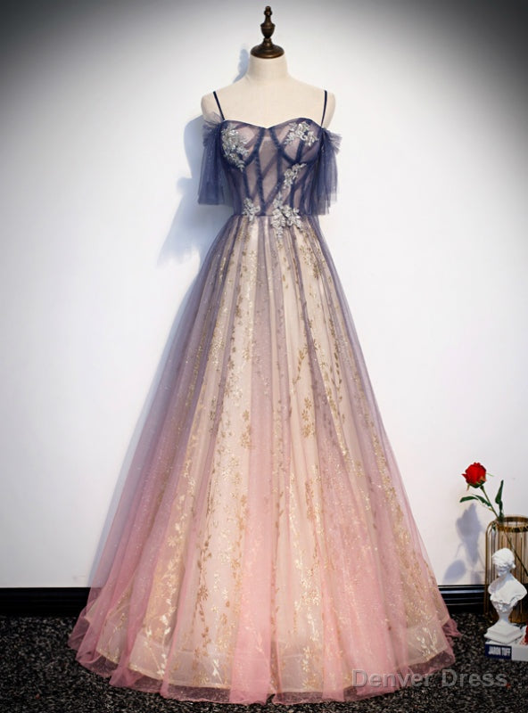 Pink Tulle Sequins Spaghetti Straps Appliques Prom Dresses Main image
