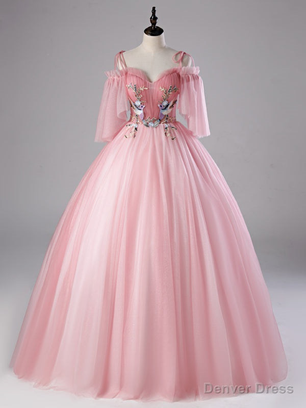 Pink Tulle Sequins Spaghetti Straps Appliques Quinceanera Dresses Main image