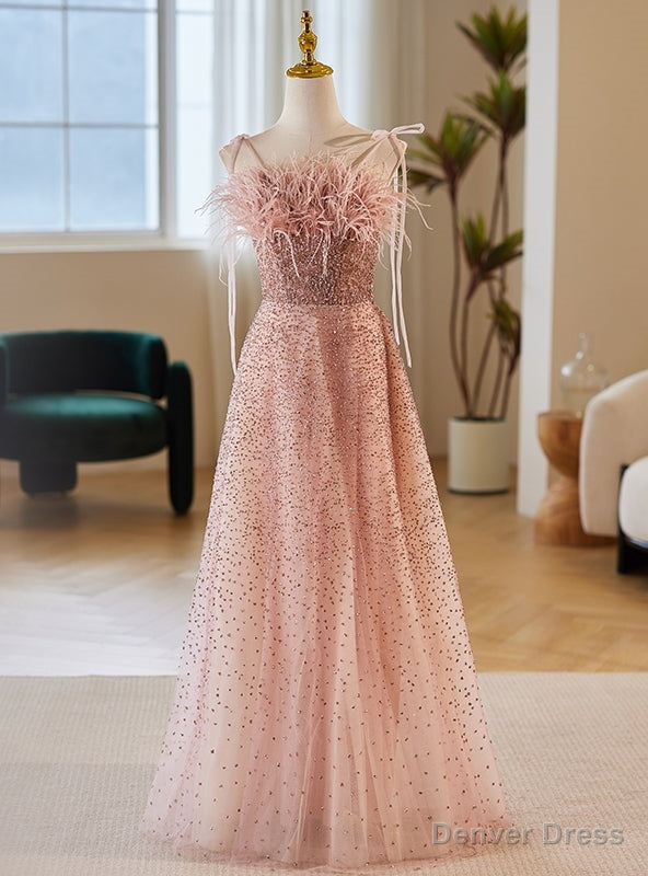 Pink Tulle Sequins Spaghetti Straps Feather Prom Dresses Main image