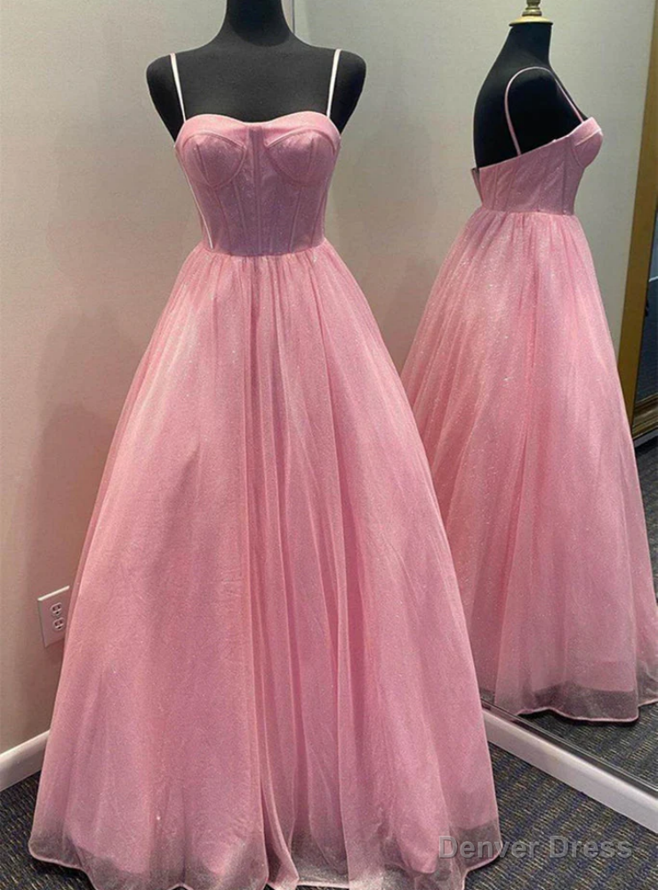 Pink Tulle Sequins Spaghetti Straps Prom Dress Main image