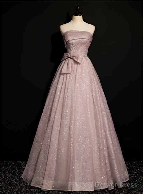 Pink Tulle Sequins Strapless Pleats Beading Prom Dresses
