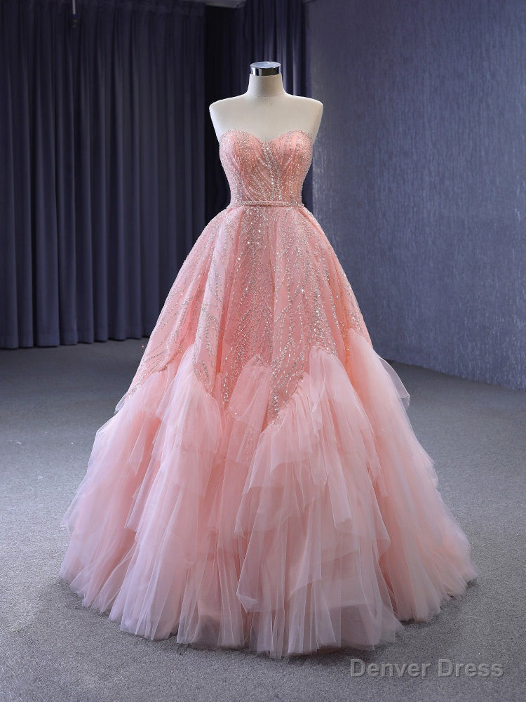 Pink Tulle Sequins Sweetheart Prom Dresses